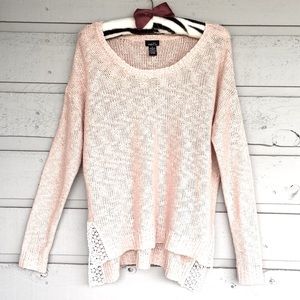 NWOT RUE 21 BLUSH PINK OVERSIZED LOOSE KNIT SWEATER SOFT IVORY CROCHET DETAIL